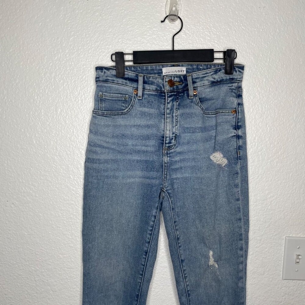 Loft Curvy High Waist Skinny Ankle Jeans Blue Distressed Raw Hem Size 25 0 - Picture 10 of 15